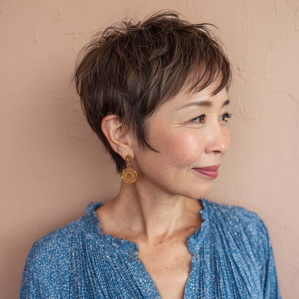 Chic Textured Brunette Pixie Cut with Playful Layers