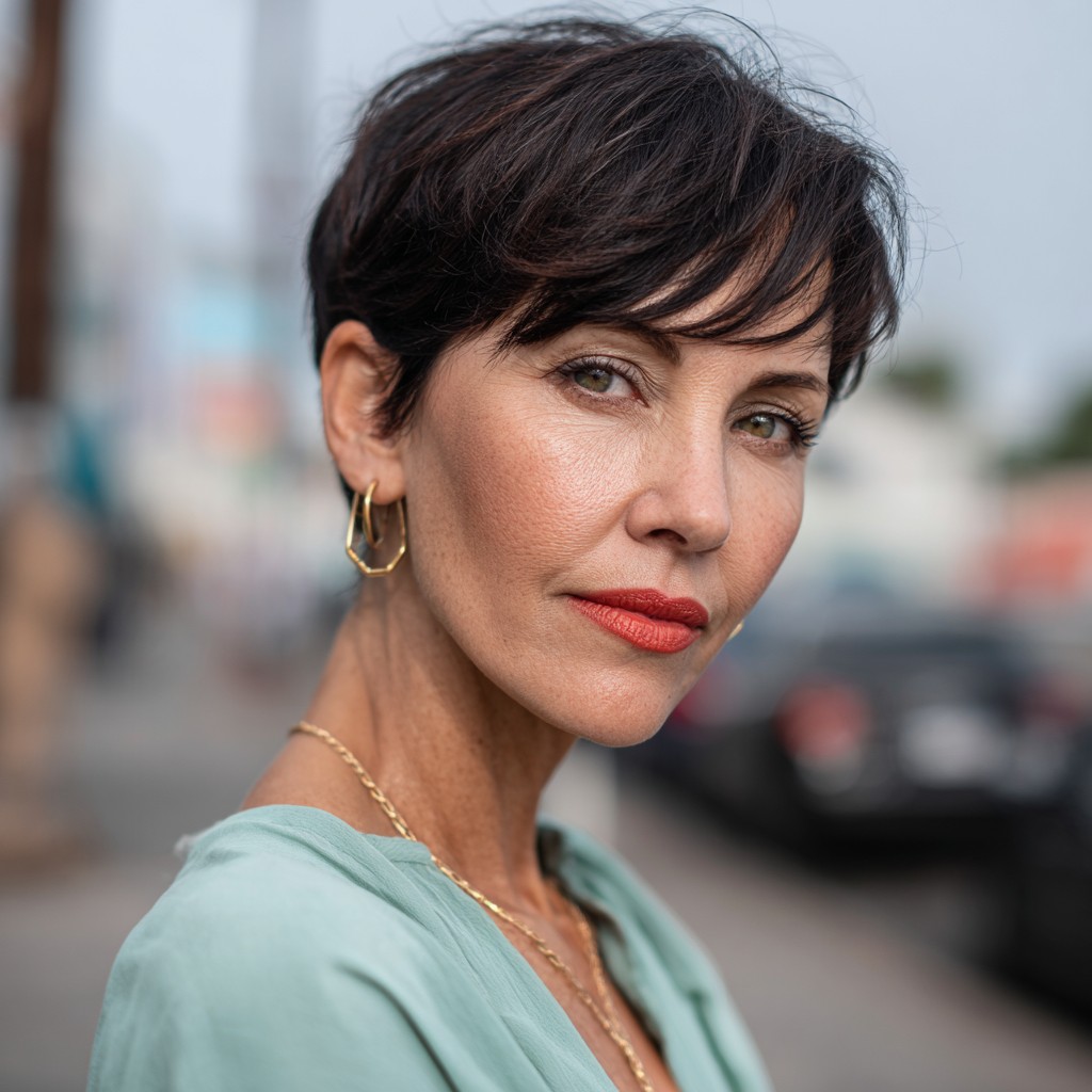 Chic Textured Brunette Pixie Cut with Soft Bangs