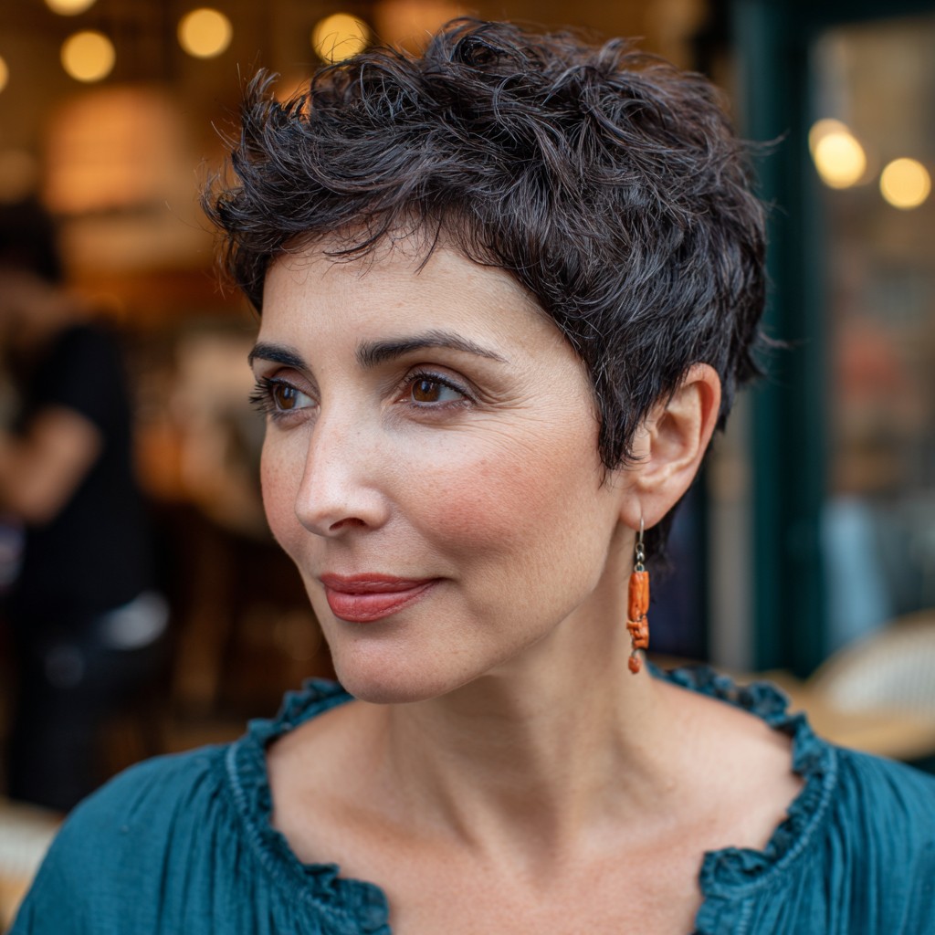 Chic Textured Brunette Pixie with Defined Curls
