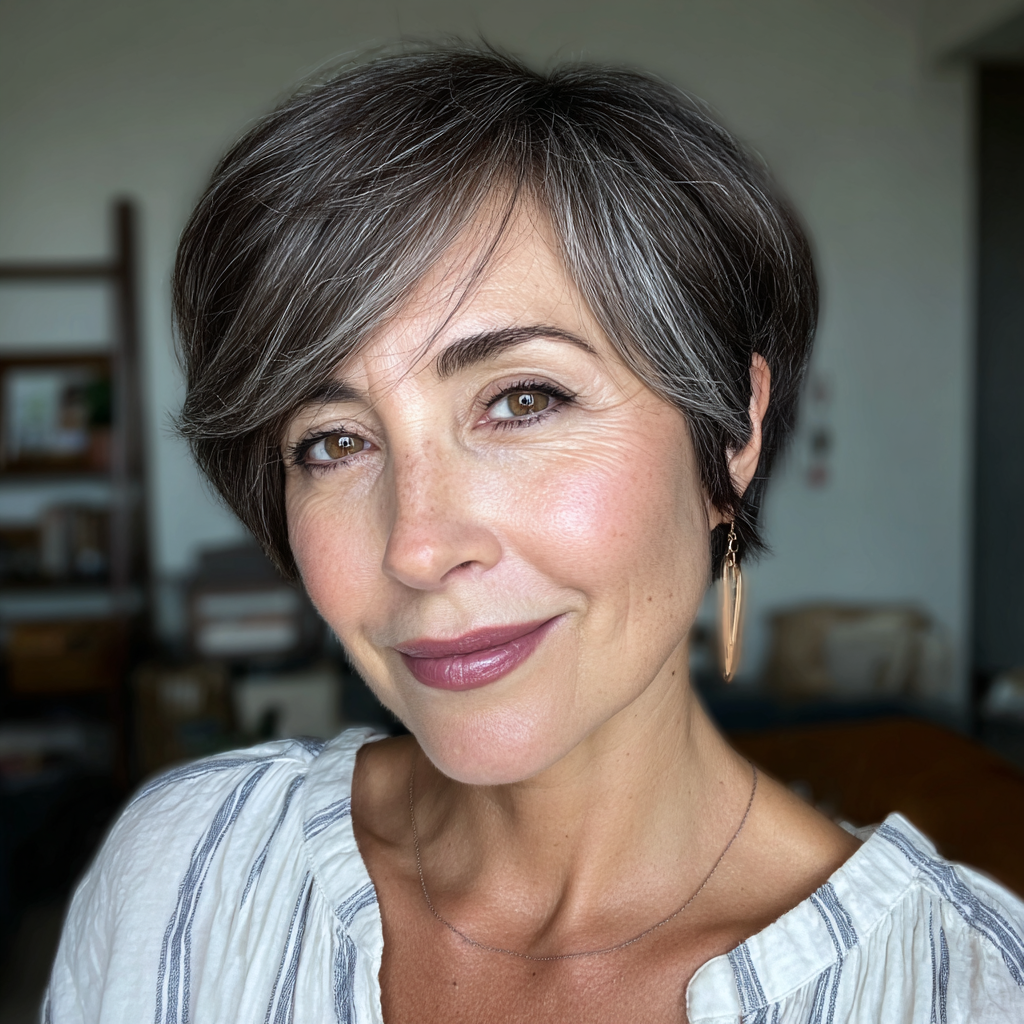 Chic Textured Gray Pixie with Soft Side Swept Bangs