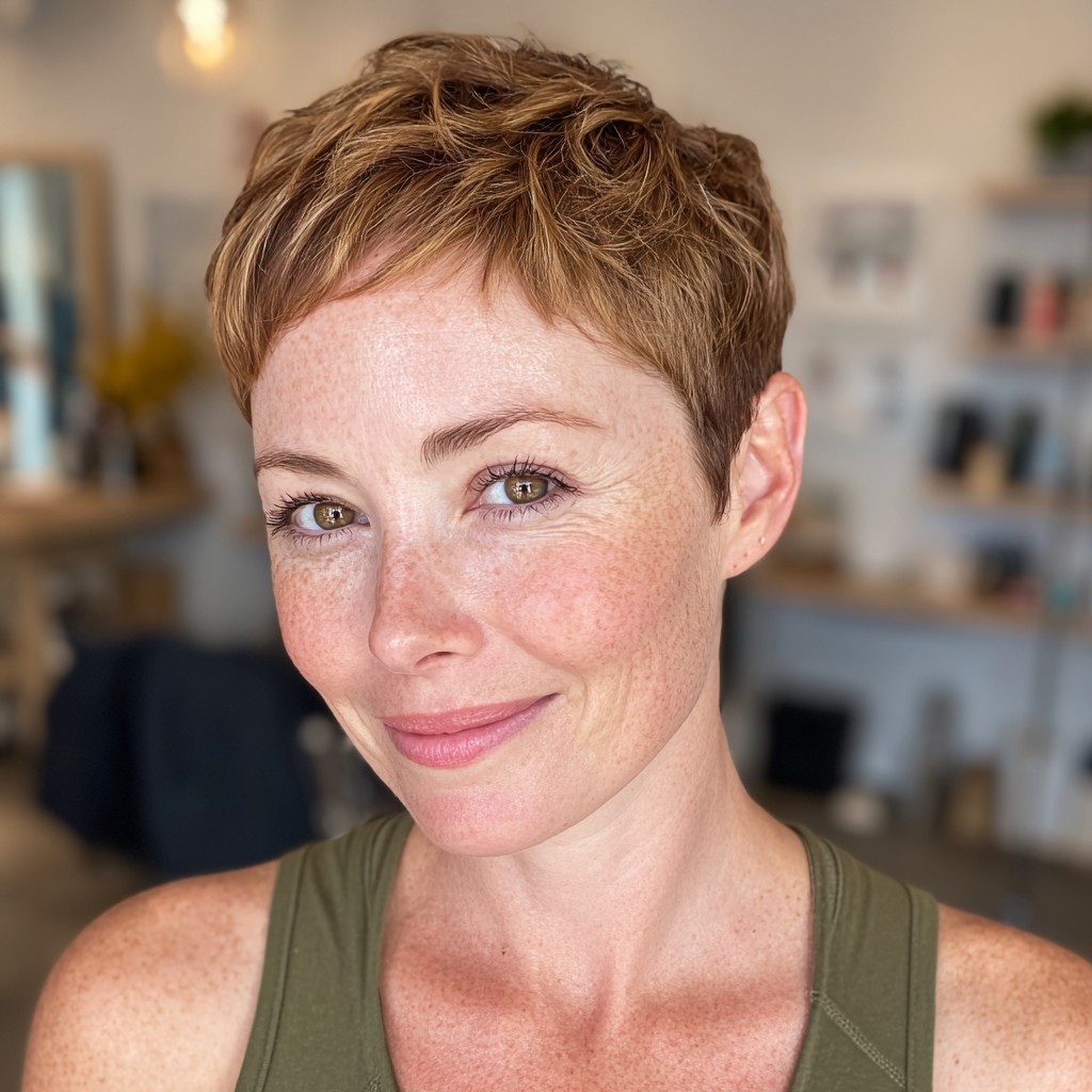 Chic Textured Short Pixie Cut with Warm Highlights