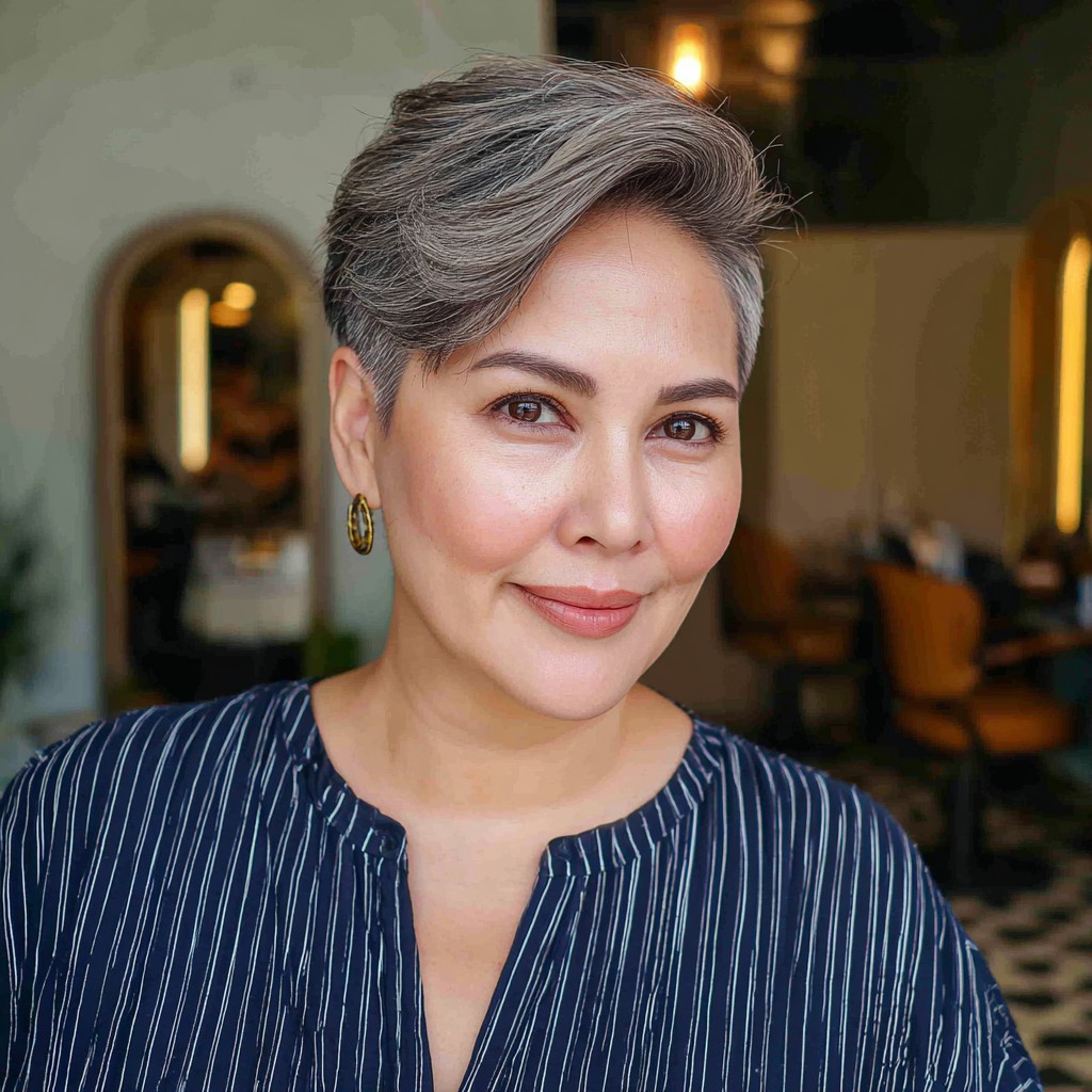 Dynamic Textured Side-Parted Pixie with Silver Highlights