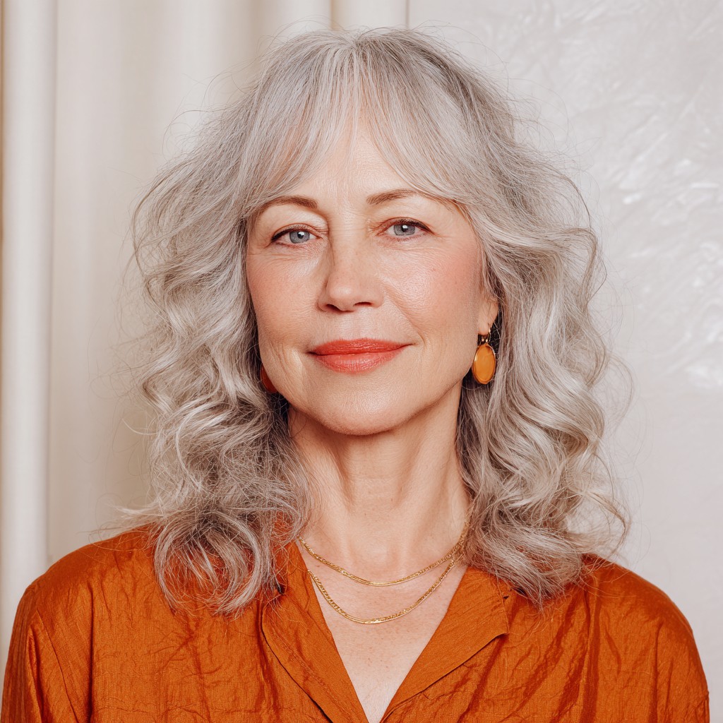 Elegant Silver Curly Cut with Subtle Bangs
