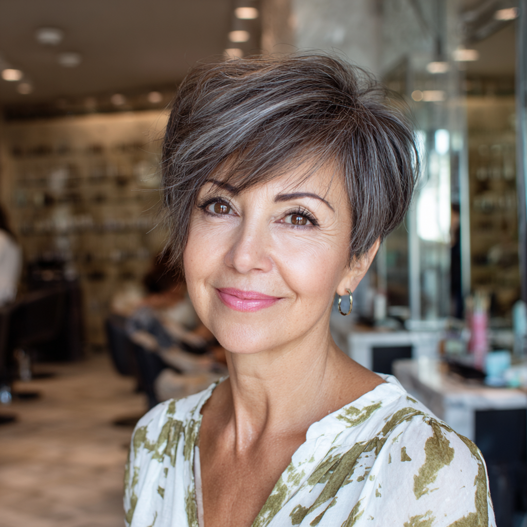 Elegant Silver Pixie Cut with Long Bangs