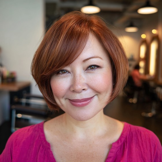 Elegant Warm Copper One-Length Bob with Soft Face Framing
