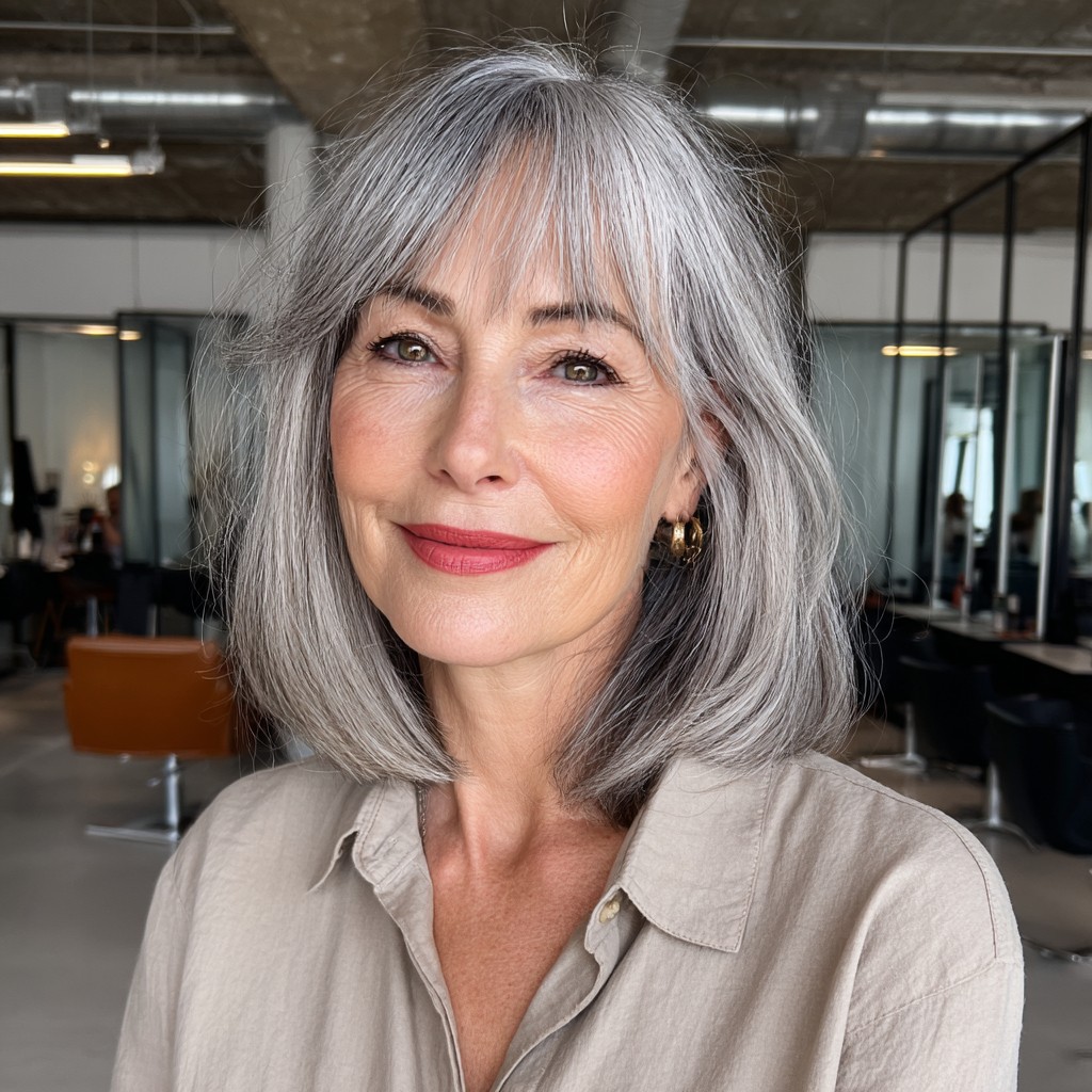 Modern Gray Lob with Soft Curtain Bangs