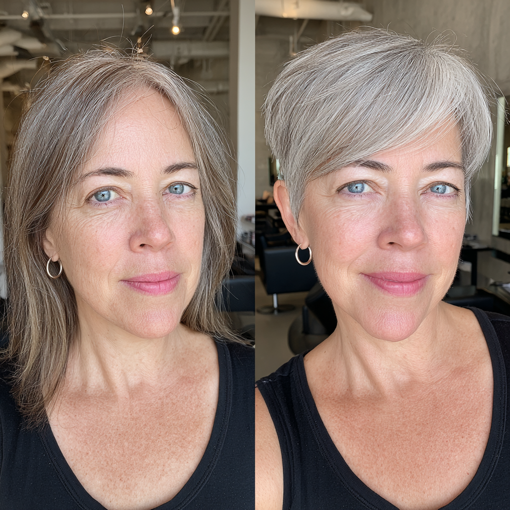 Modern Silver Pixie Cut with Soft Long Bangs