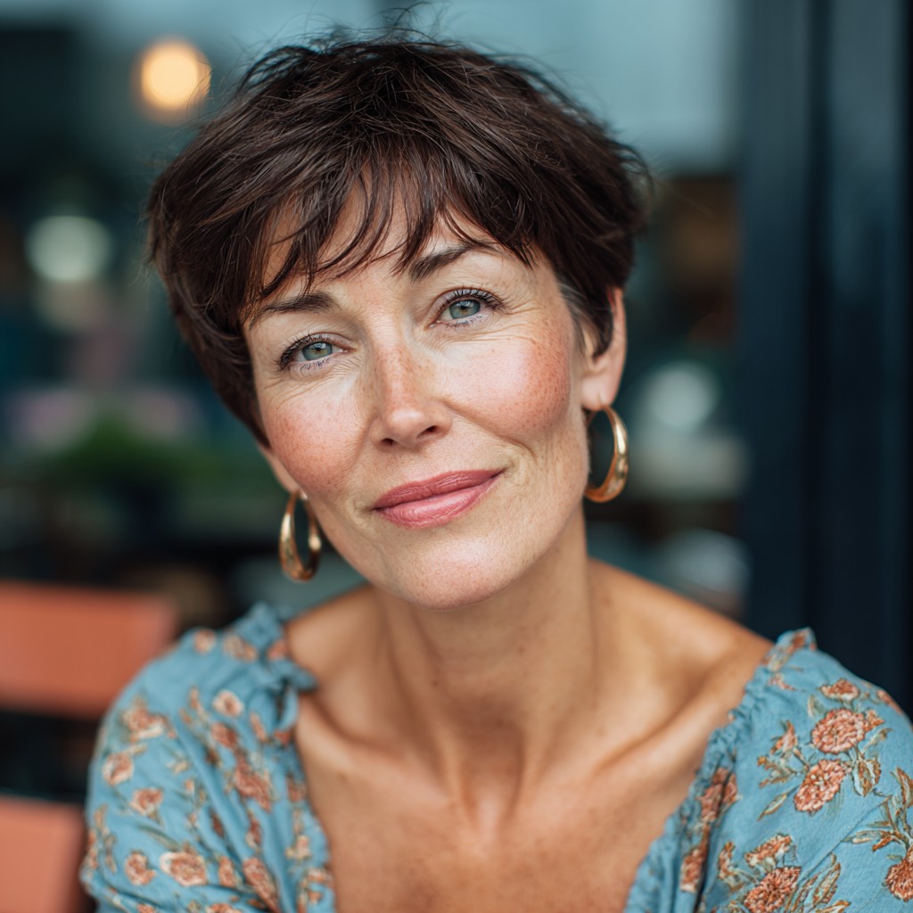 Modern Textured Brunette Pixie with Soft Bangs