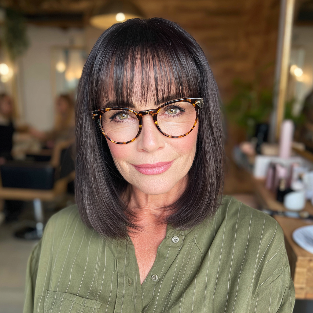 Sleek Dark Brown Lob with Wispy Bangs