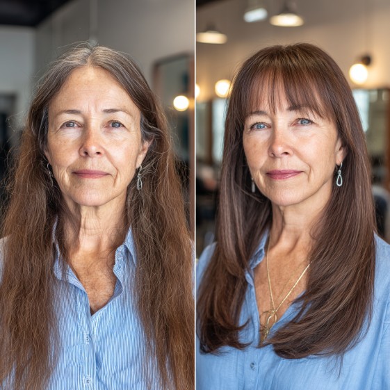 Sleek Long Layers with Subtle Face-Framing Bangs