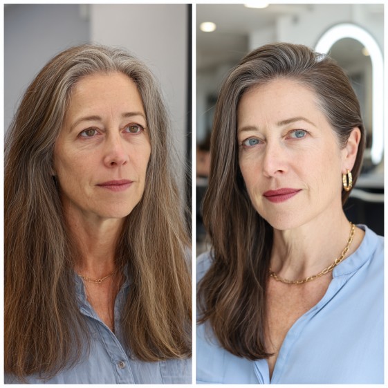 Sleek Long Layers with Subtle Face-Framing Highlights