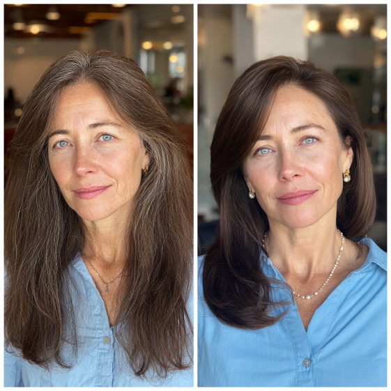 Sleek Long Layers with Warm Chestnut Highlights