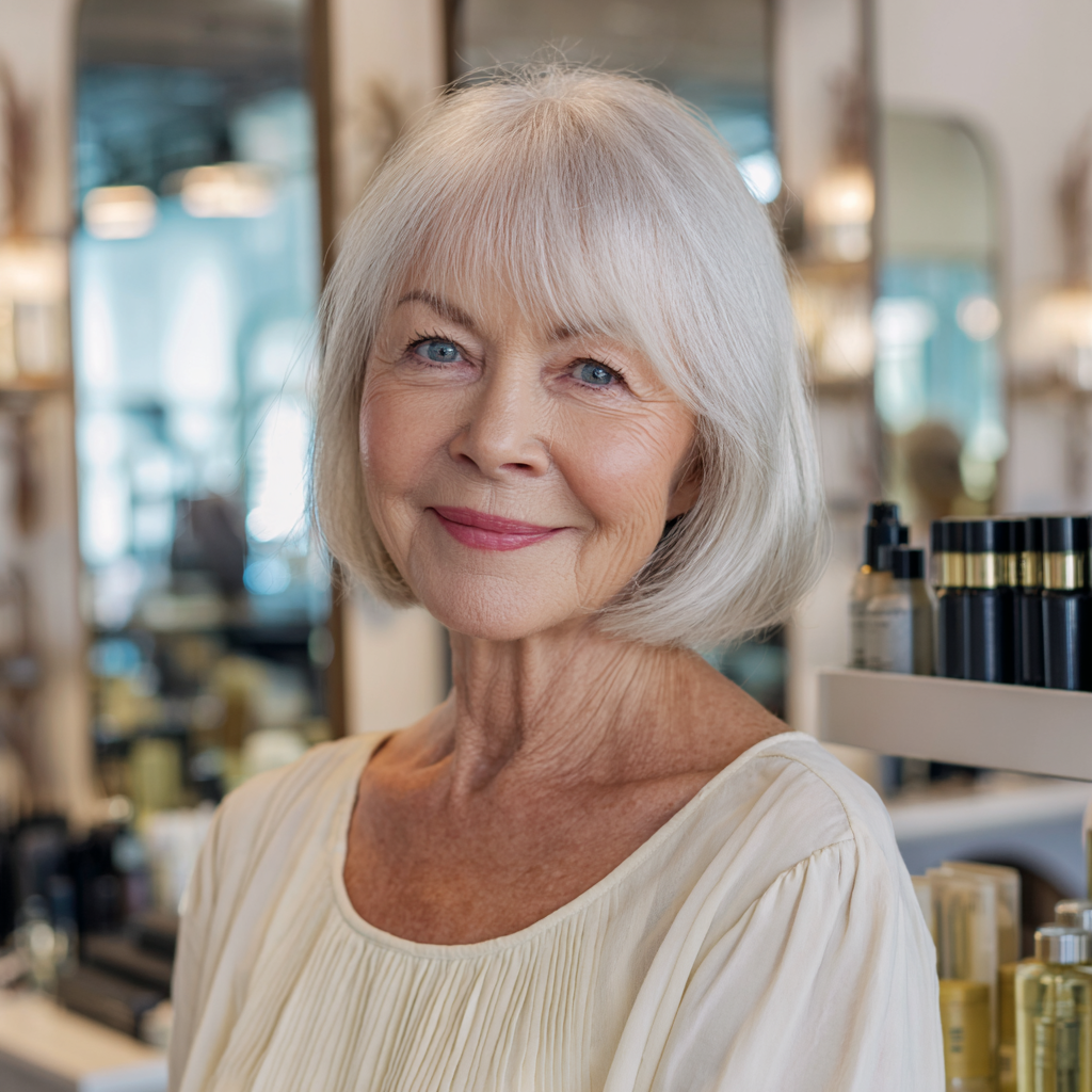 Sleek Silver Bob with Gentle Face-Framing Layers