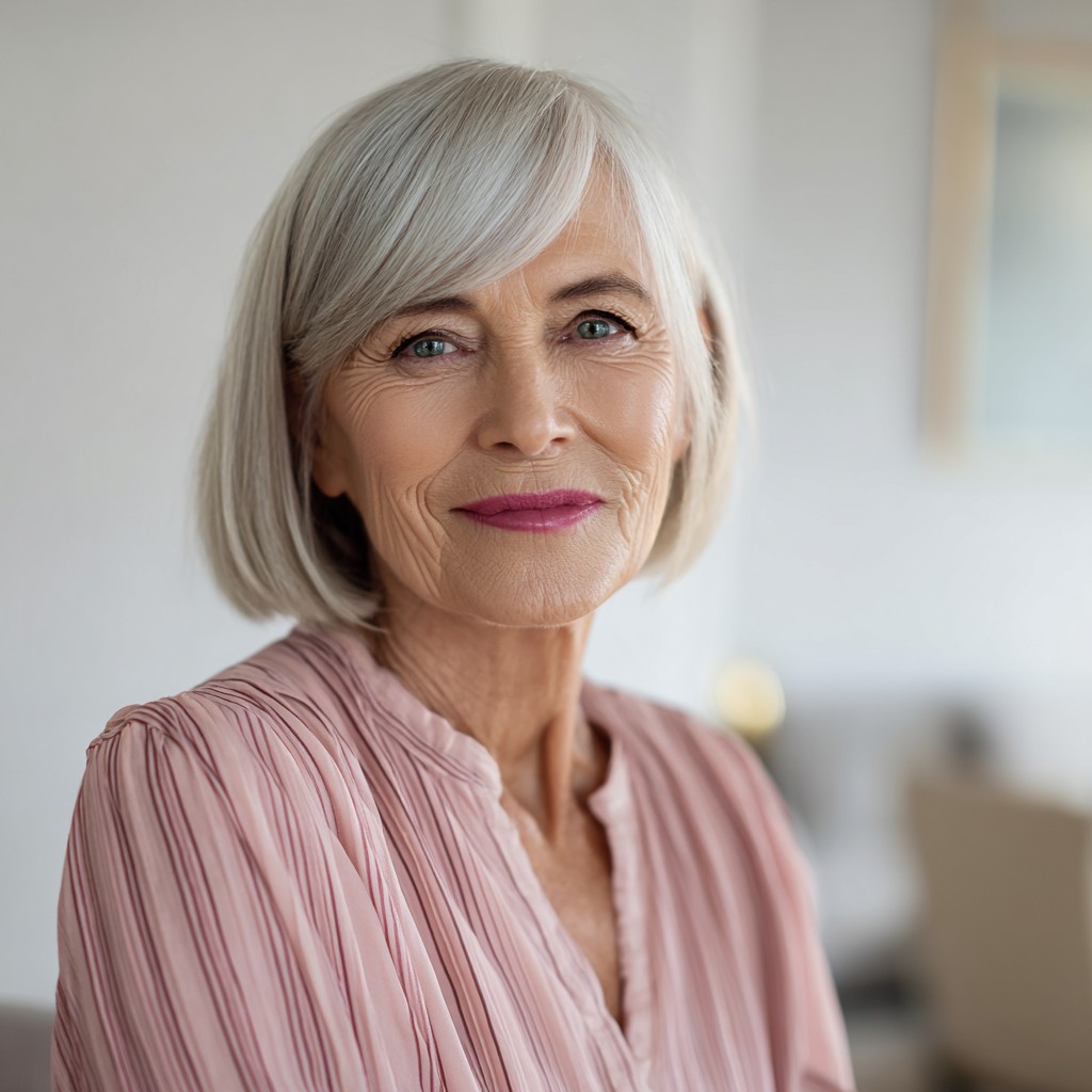 Sleek Silver Bob with Soft Side Bangs