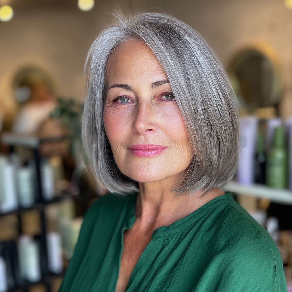 Sleek Silver Bob with Subtle Side Part