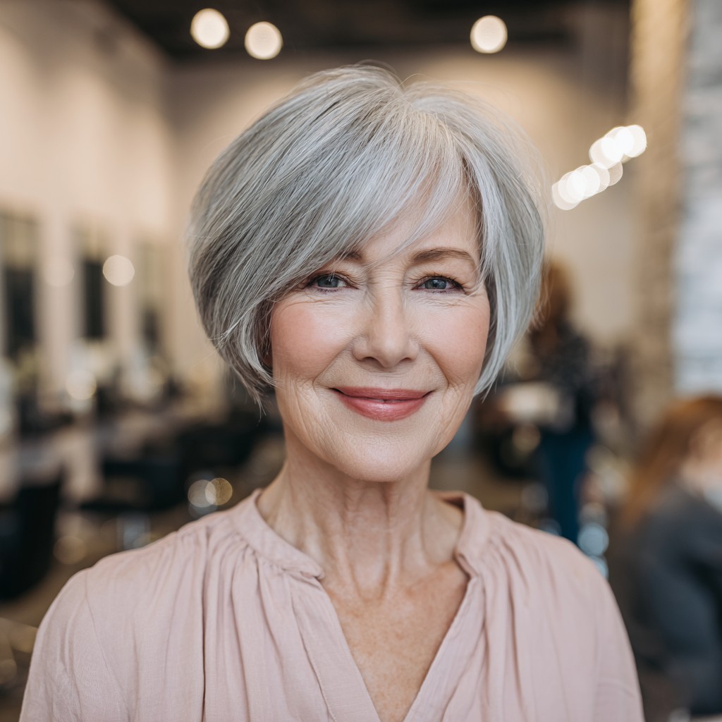 Sleek Silver Layered Bob with Soft Fringe