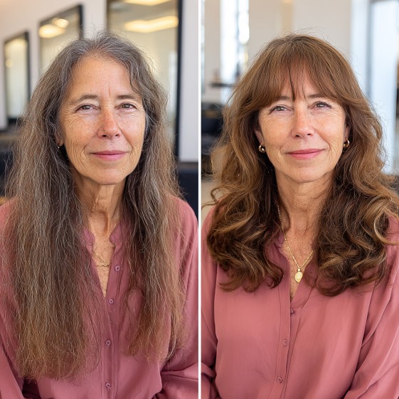 soft layered curls with face framing bangs