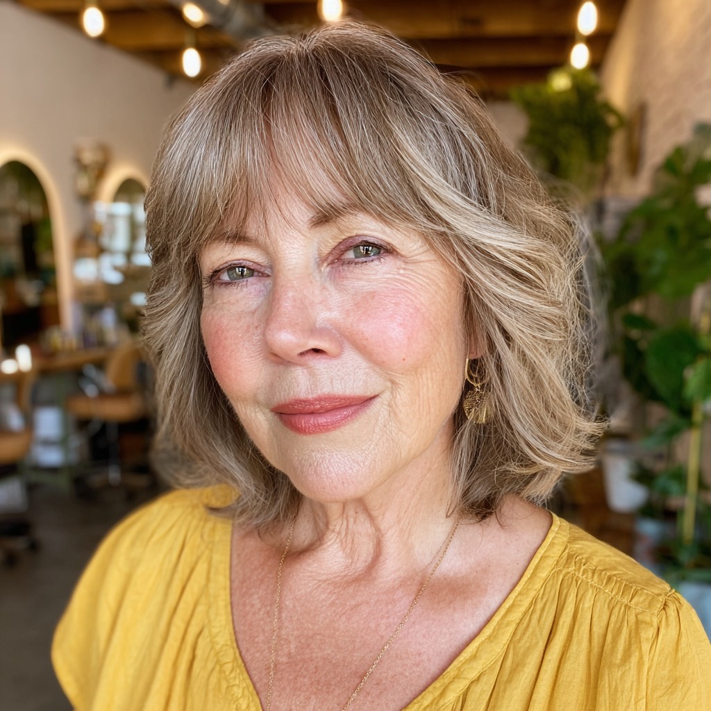 Softly Layered Ash Blonde Cut with Gentle Bangs