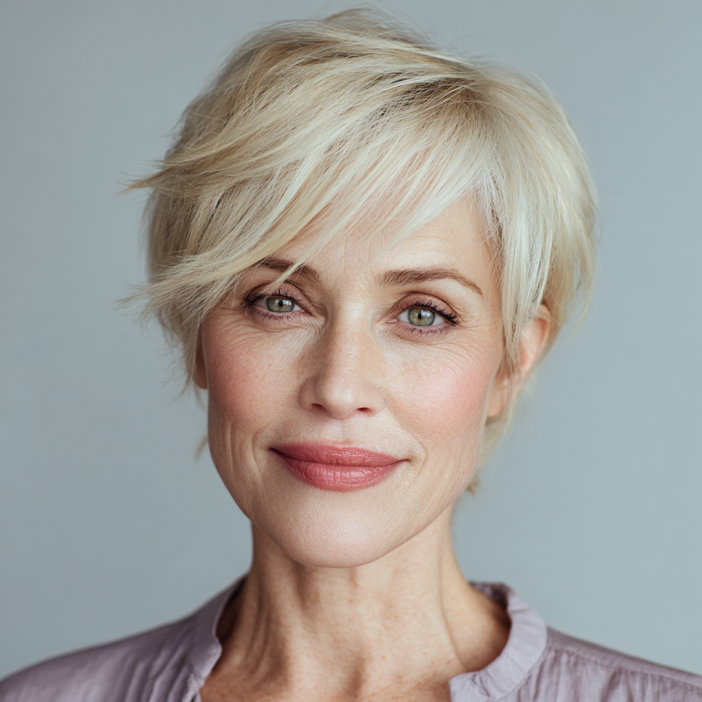 softly textured pixie cut with long side bangs