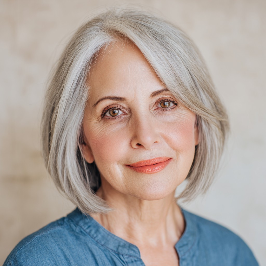 Softly Textured Silver Bob with Side-Swept Layers