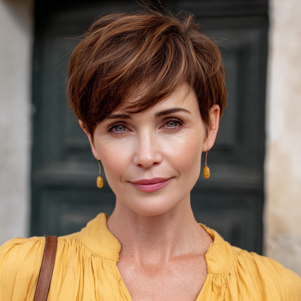 Stylish Rich Chocolate Side-Parted Pixie Cut