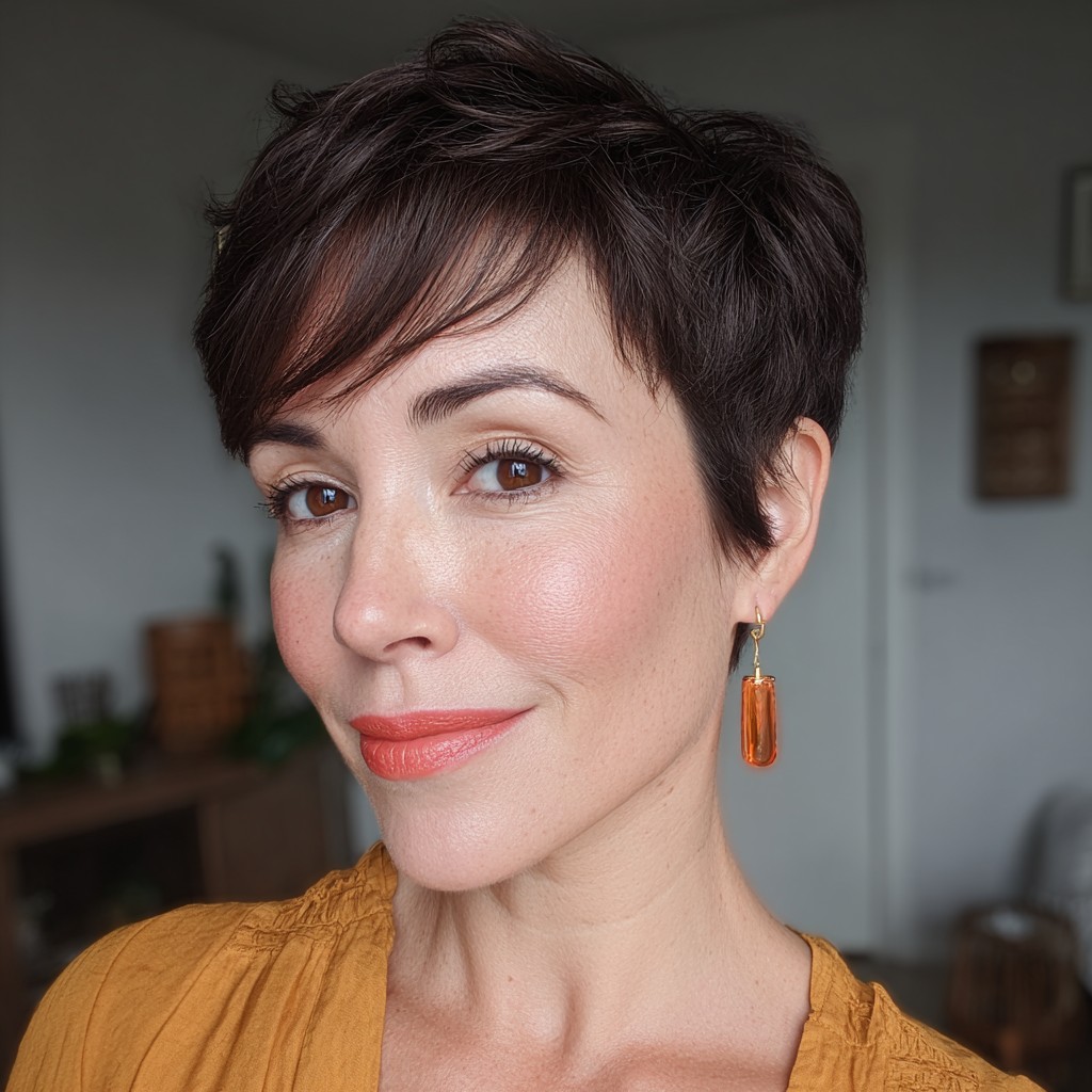 Stylish Textured Brunette Pixie Cut with Subtle Layers