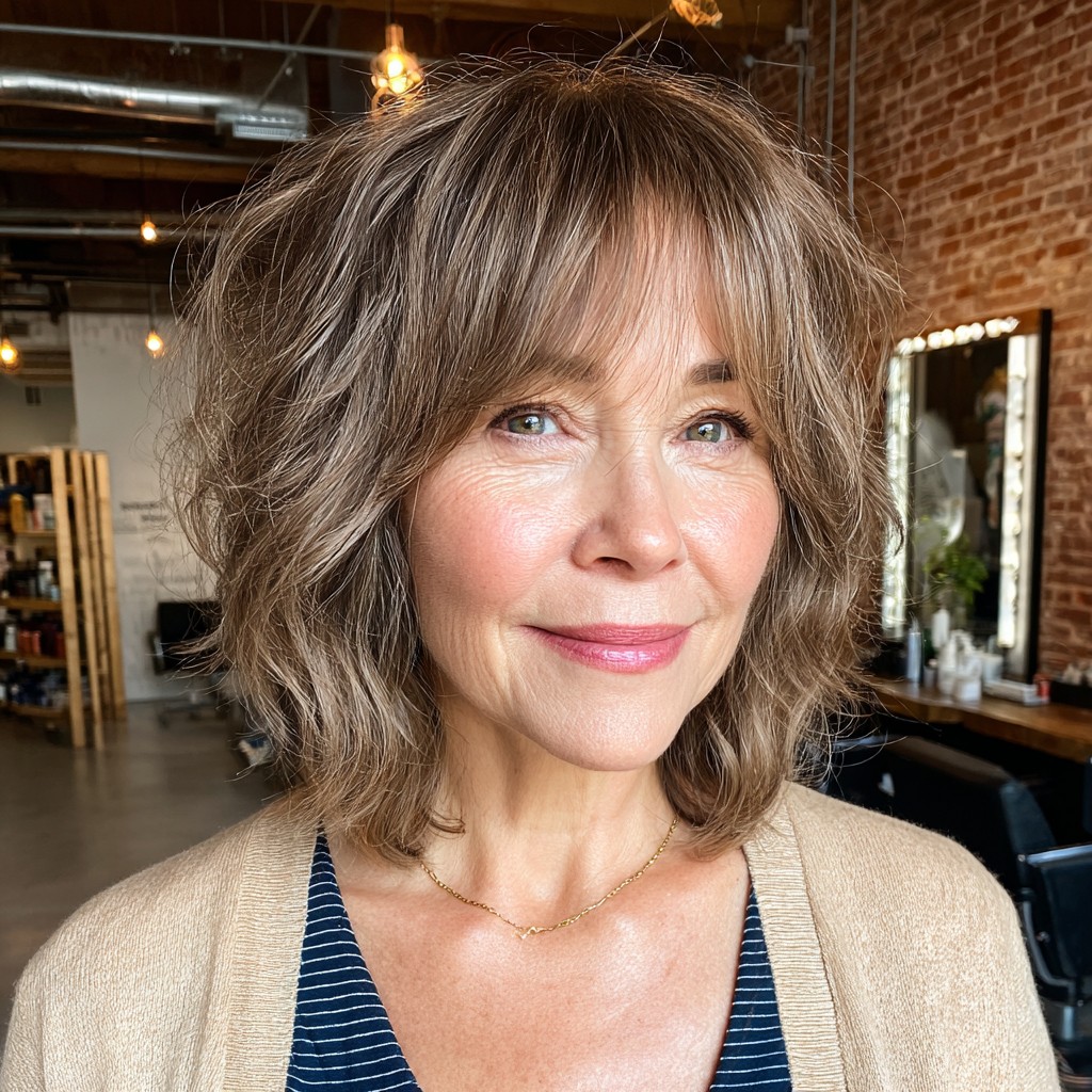 Textured Ash Brown Lob with Wispy Curtain Bangs