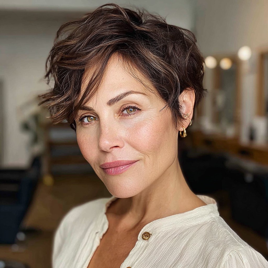Textured Brunette Pixie Cut with Playful Movement