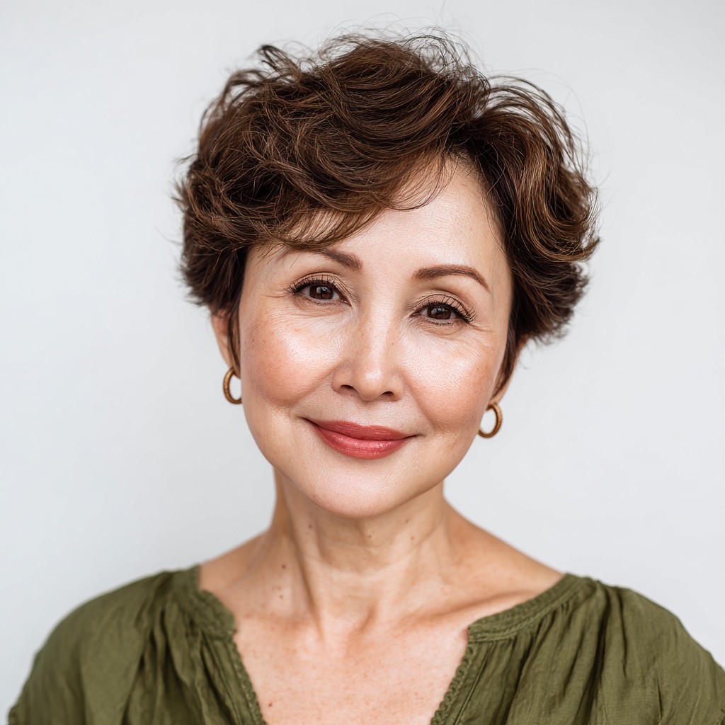 Textured Brunette Pixie Cut with Soft Curls