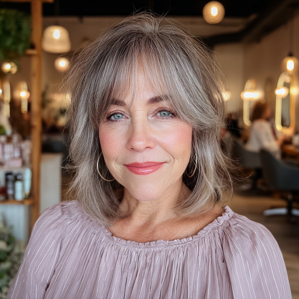Textured Medium-Length Lob with Soft Curtain Bangs