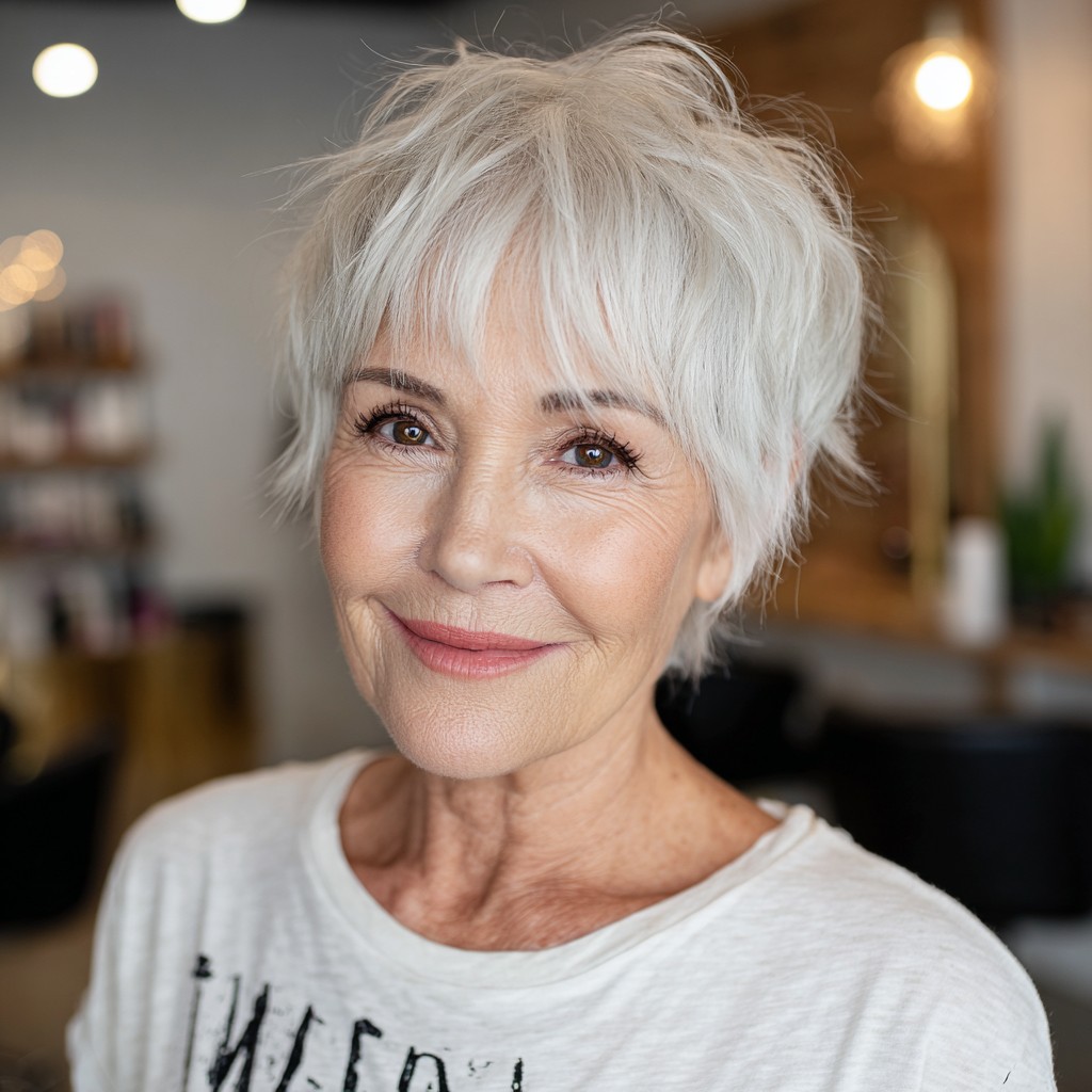 Textured Silver Pixie Cut with Playful Bangs
