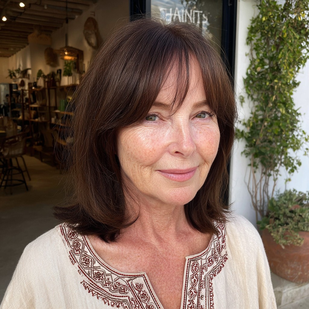 Timeless Rich Brown Lob with Soft Curtain Bangs