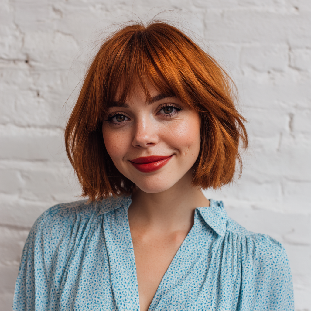 Vibrant Copper Textured Bob with Soft Fringe