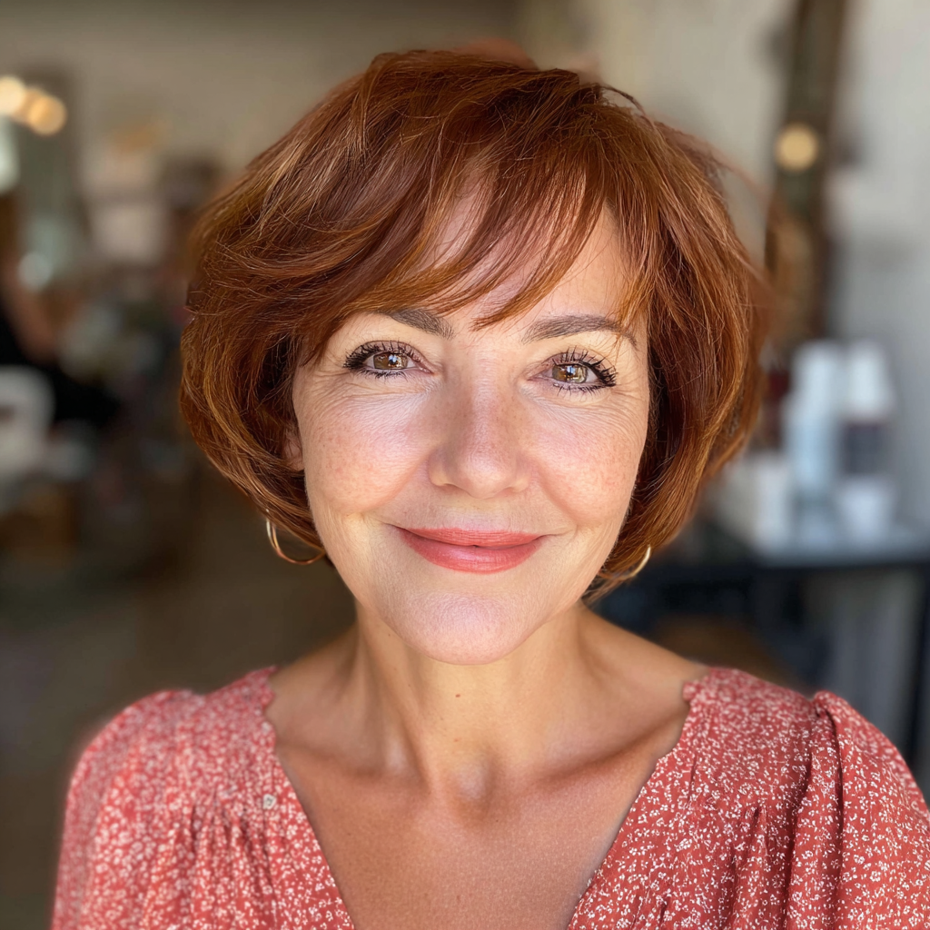 Warm Auburn Textured Bob with Side Swept Bangs