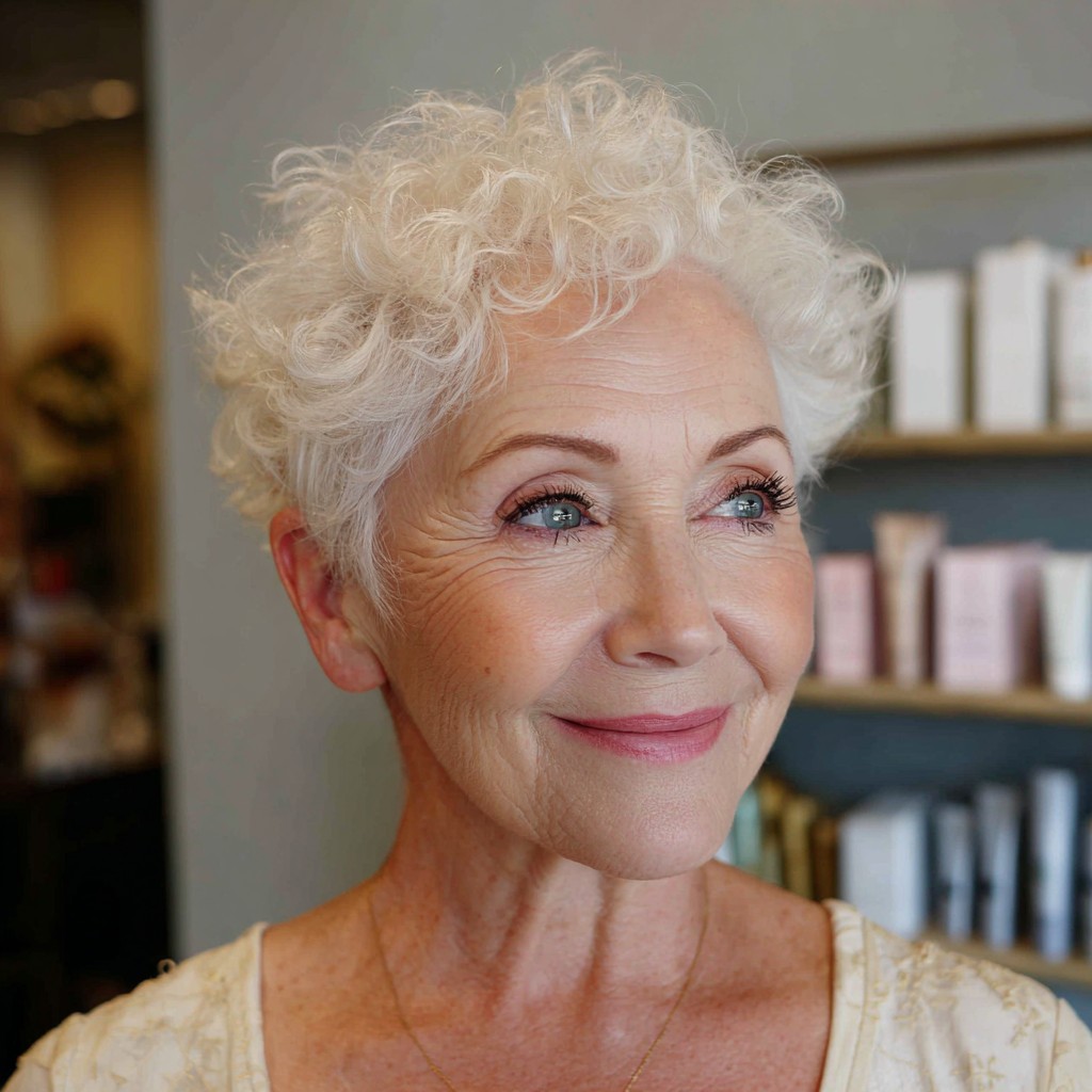 Chic Curly Silver Pixie with Defined Layers