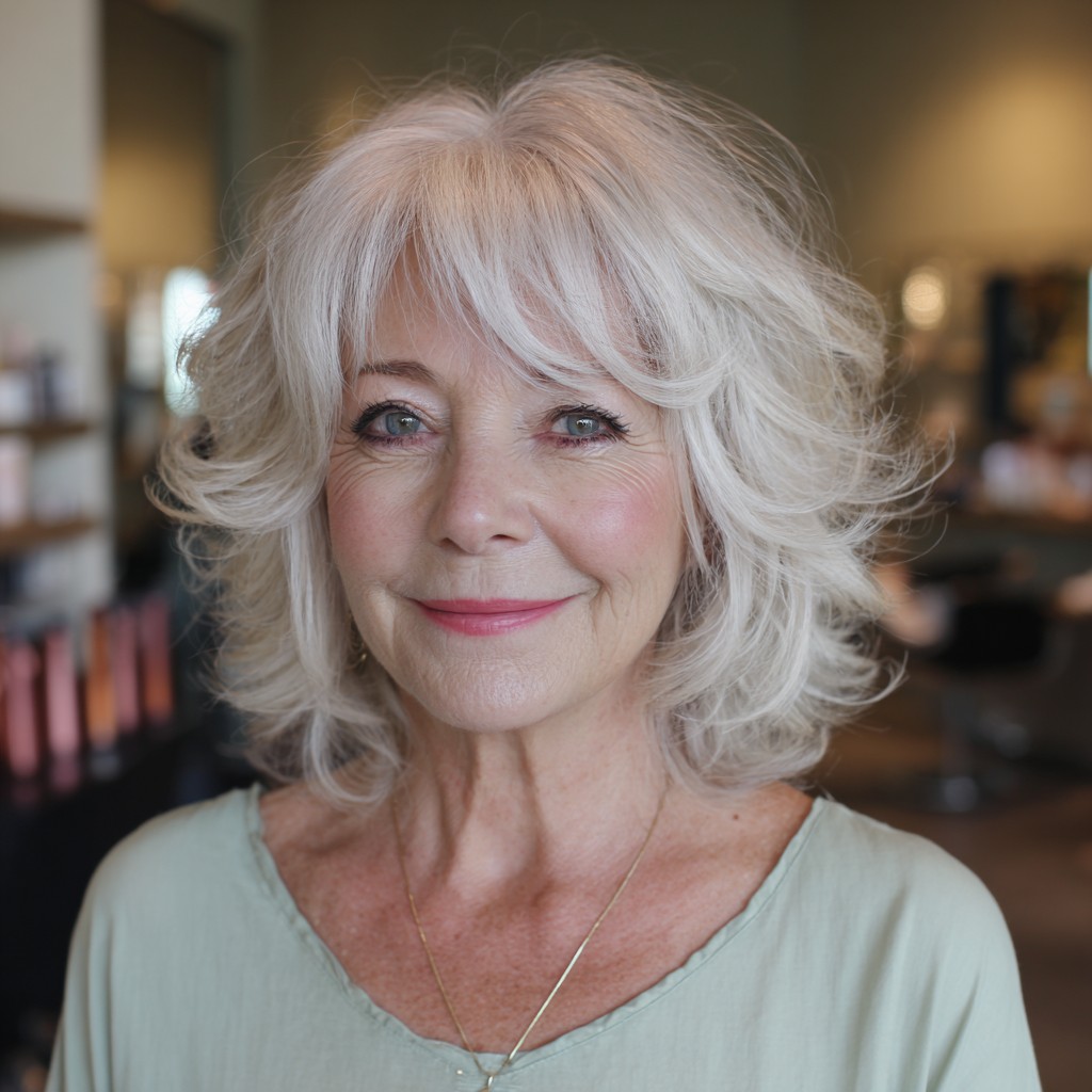 Softly Textured Shoulder-Length Shag with Wispy Bangs