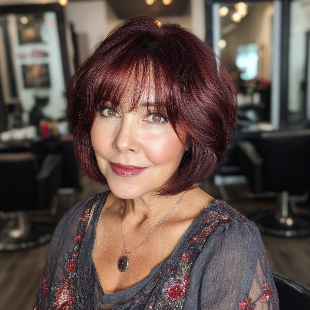 Vibrant Burgundy Bob with Soft Bangs