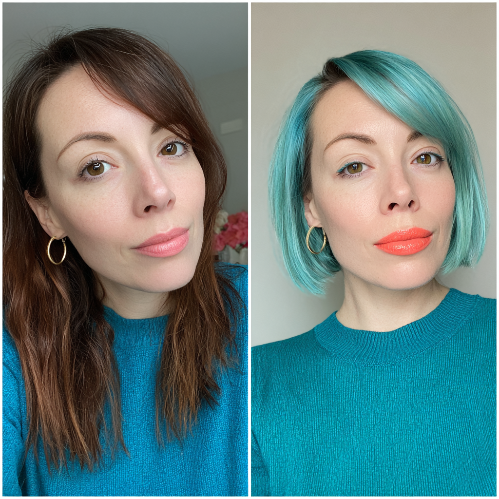 Bold Aqua Blunt Bob with Soft Side-Swept Bangs