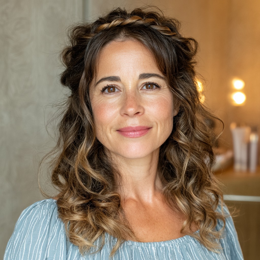 Chic Curly Half-Up Hairstyle with Braided Accent