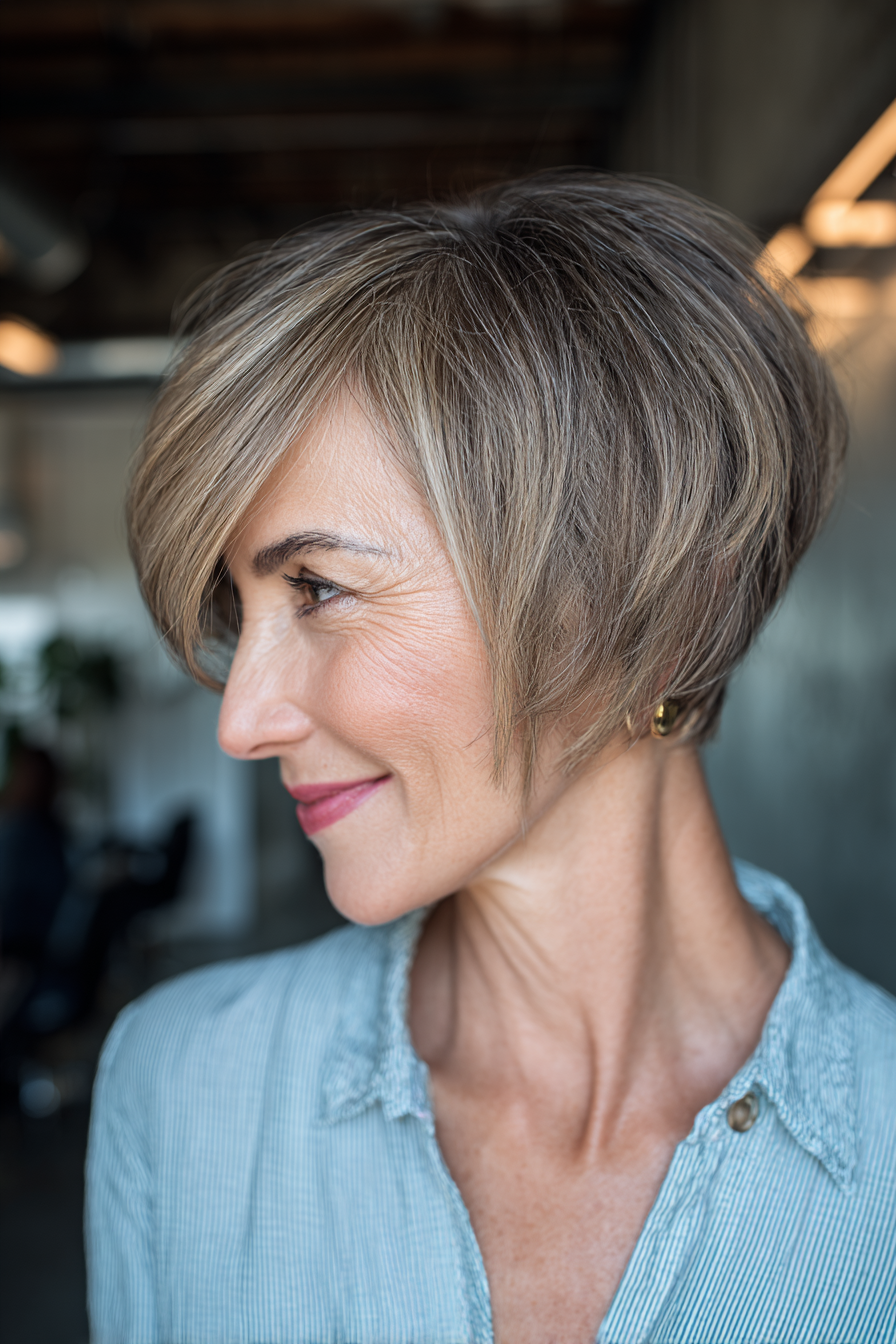 Chic Textured Ash Blonde Pixie Bob with Side-Swept Bangs