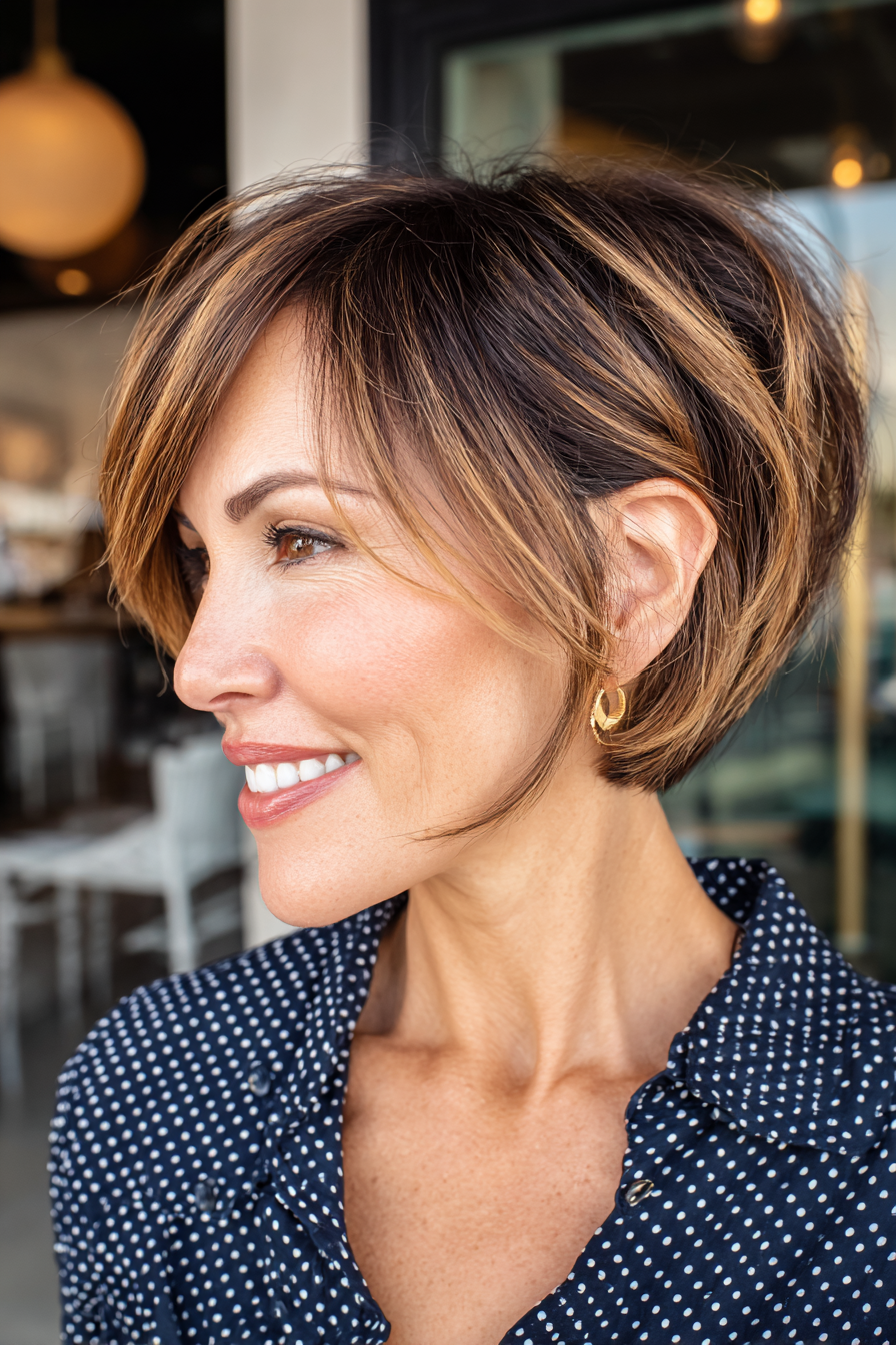 Chic Textured Bob with Subtle Caramel Highlights