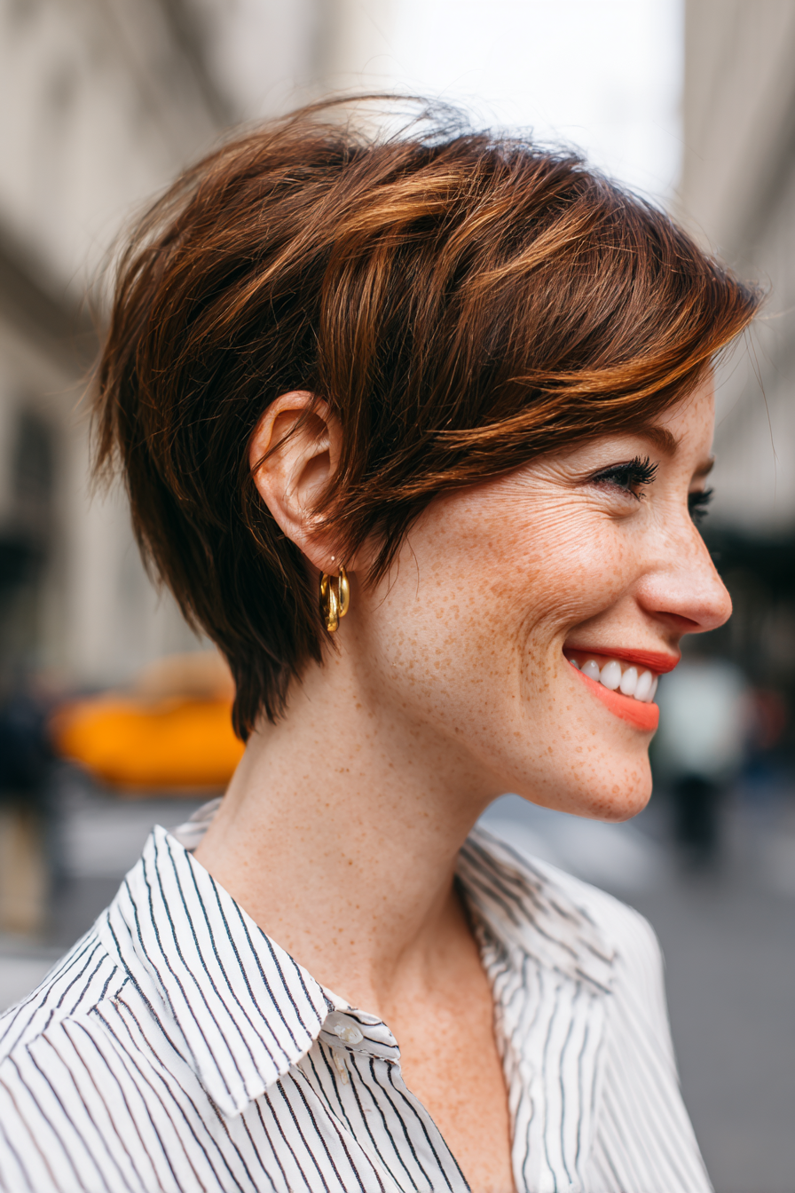 Chic Textured Pixie Cut with Warm Highlights