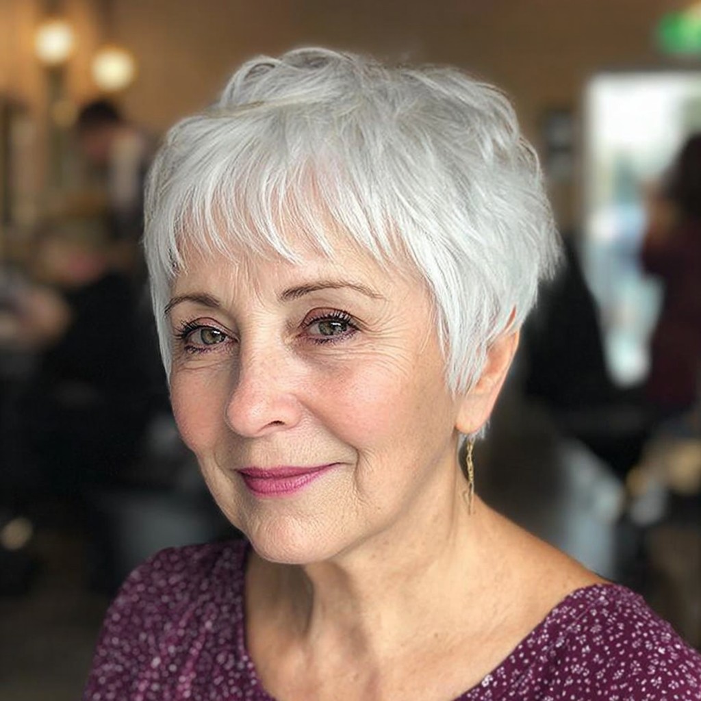 Chic Textured Silver Pixie with Soft Bangs