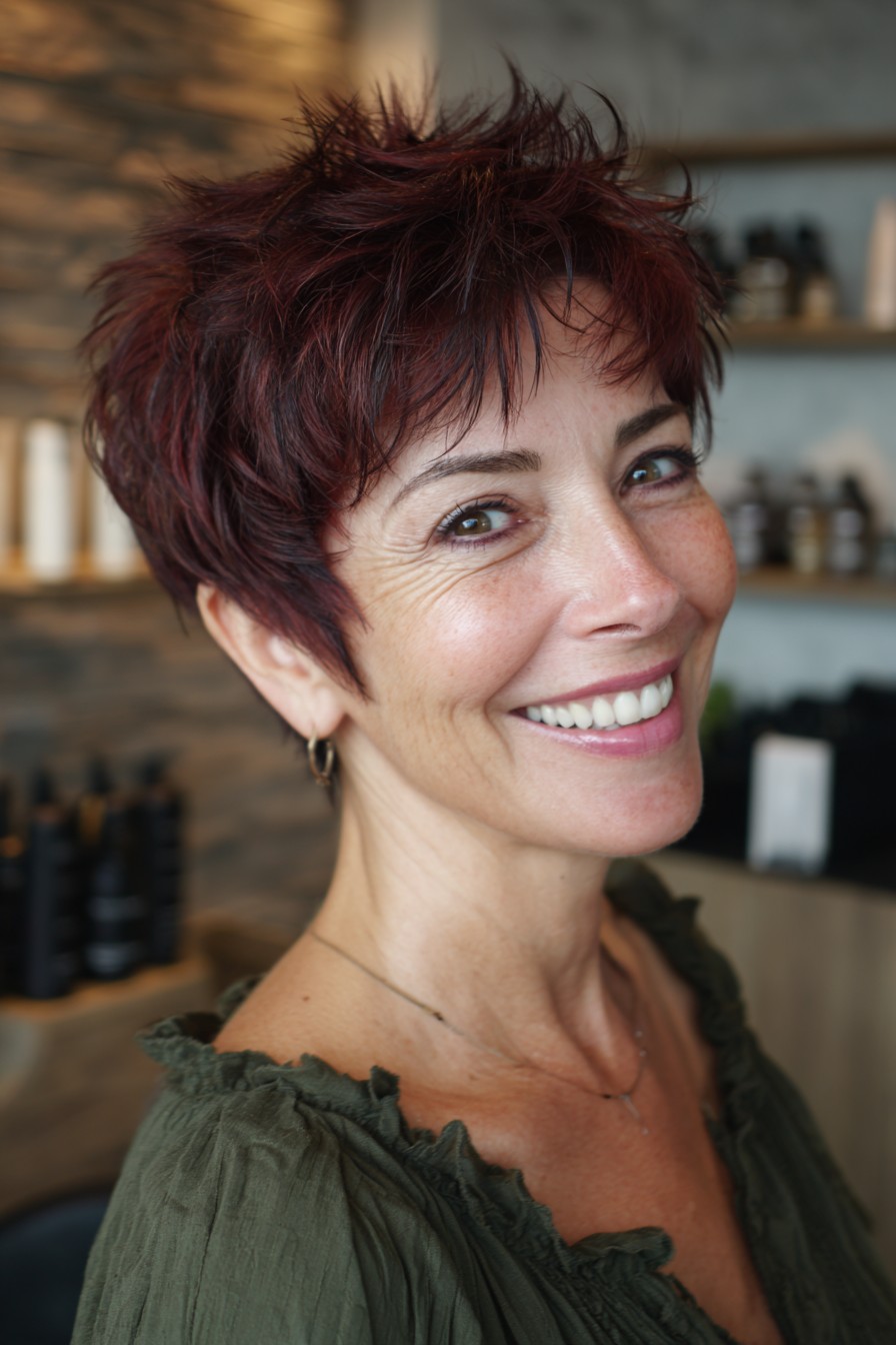 Dynamic Textured Red Pixie Cut with Playful Volume