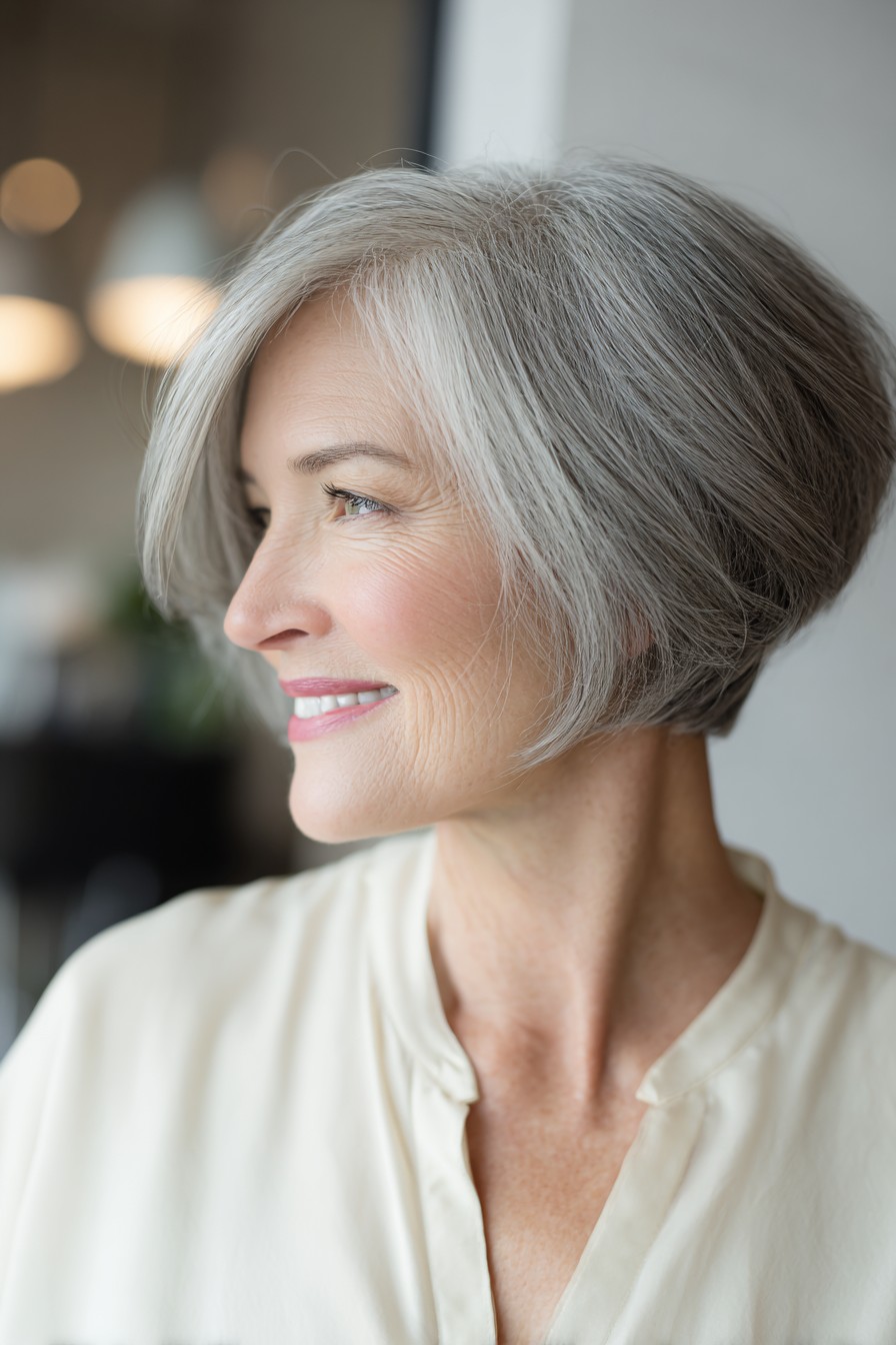 Elegant Silver Stacked Bob with Soft Volume
