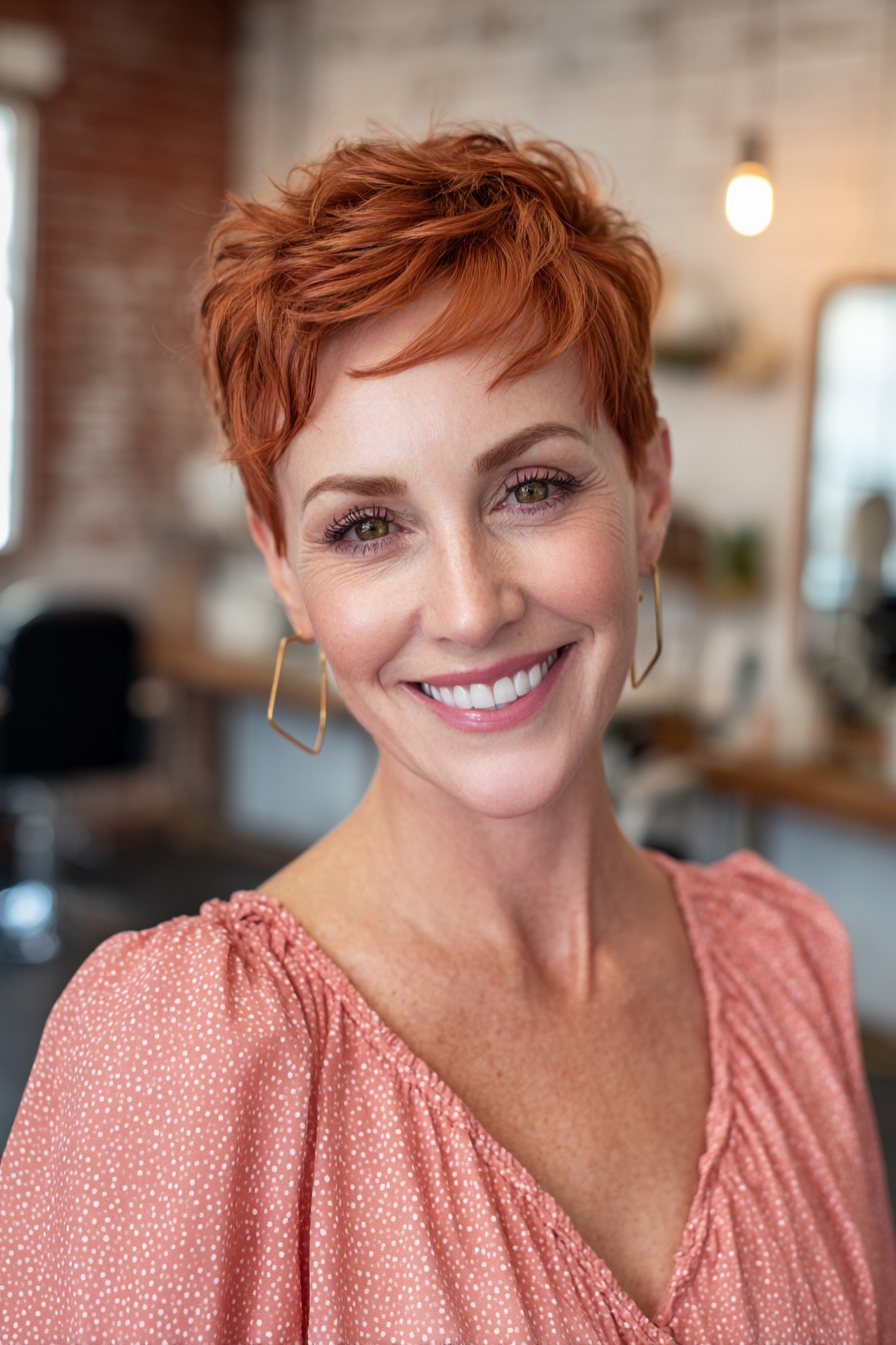 Playful Curly Red Pixie Cut with Soft Bangs