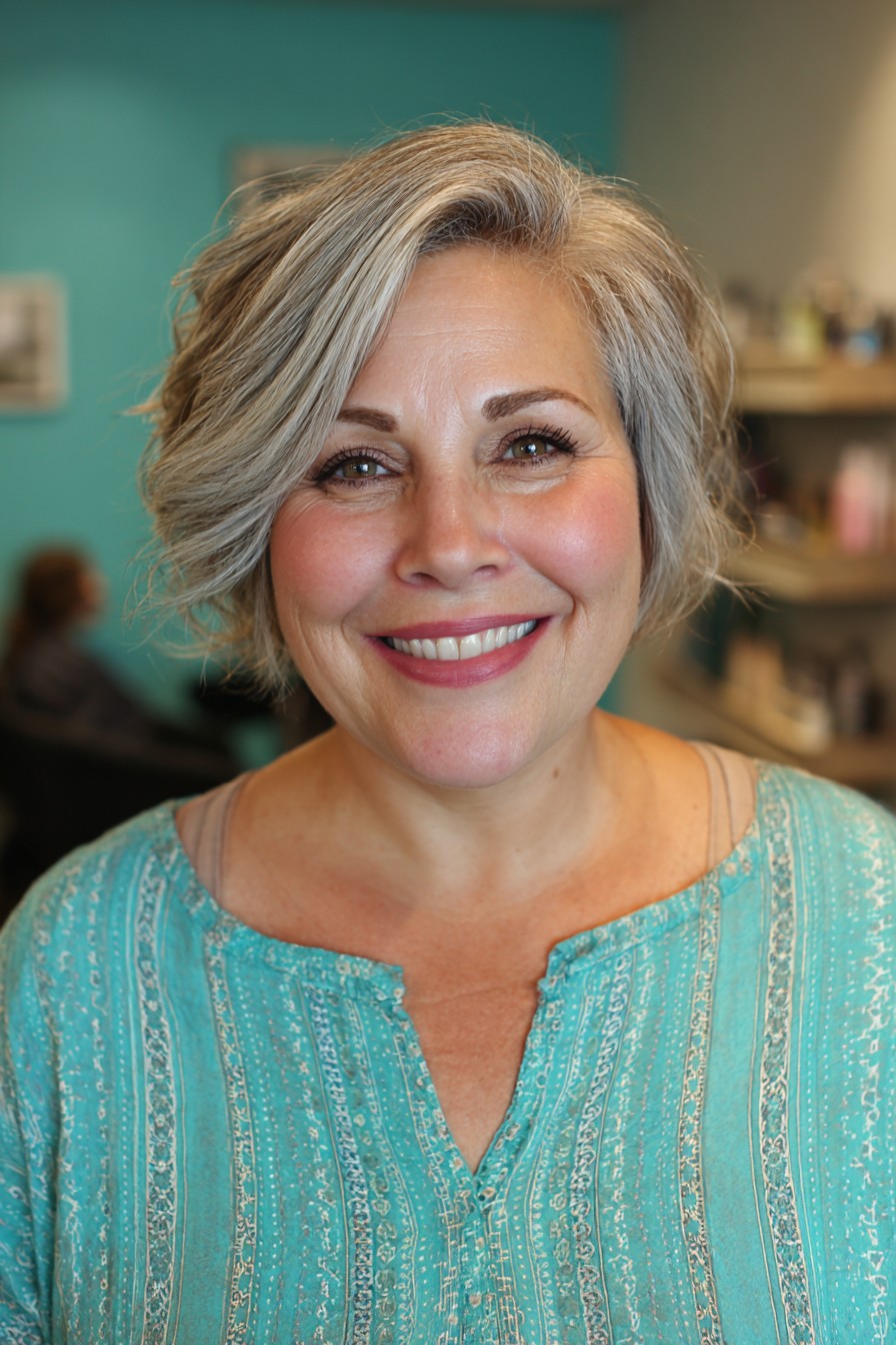 Softly Textured Silver Crop with Side-Swept Bangs