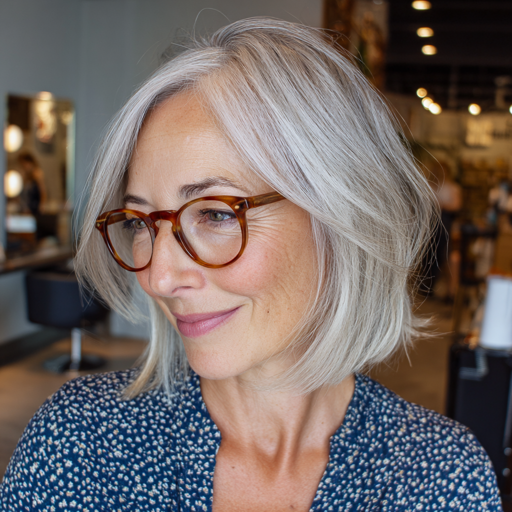 Softly Textured Silver Lob with Face-Framing Layers