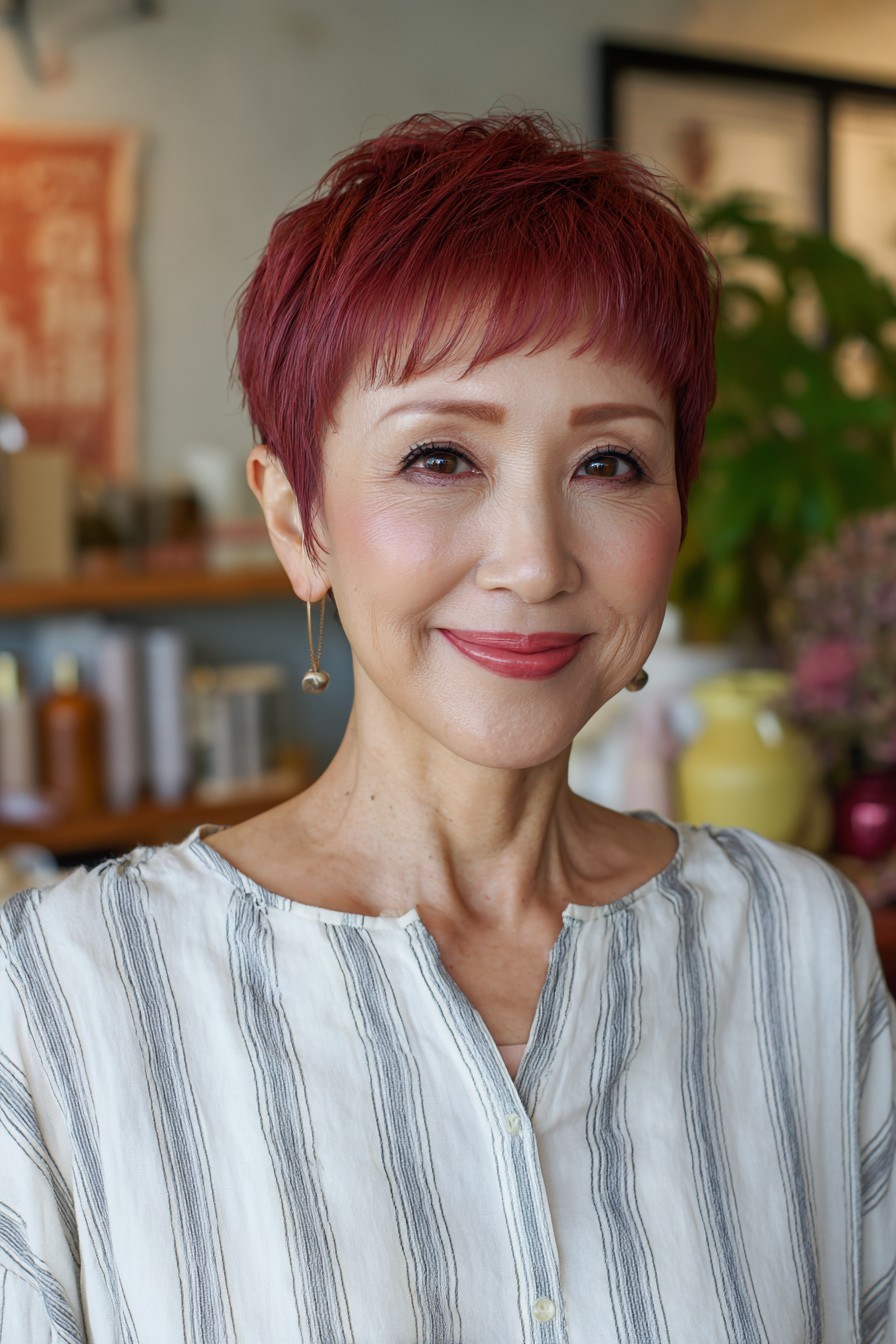 Stylish Short Red Pixie Cut with Soft Texture
