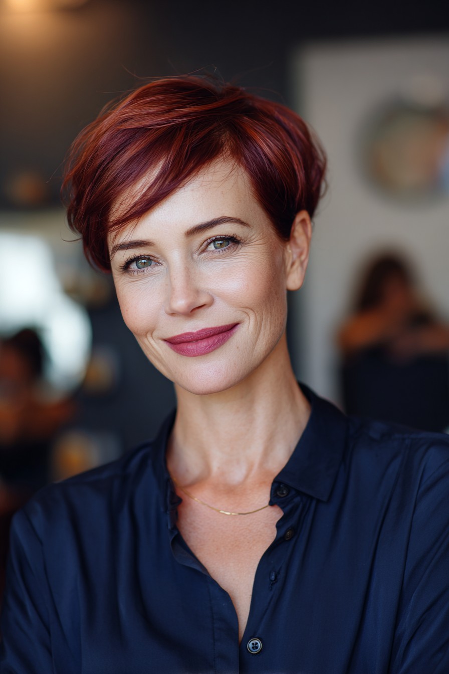 Stylish Short Red Pixie Cut with Soft Textured Layers